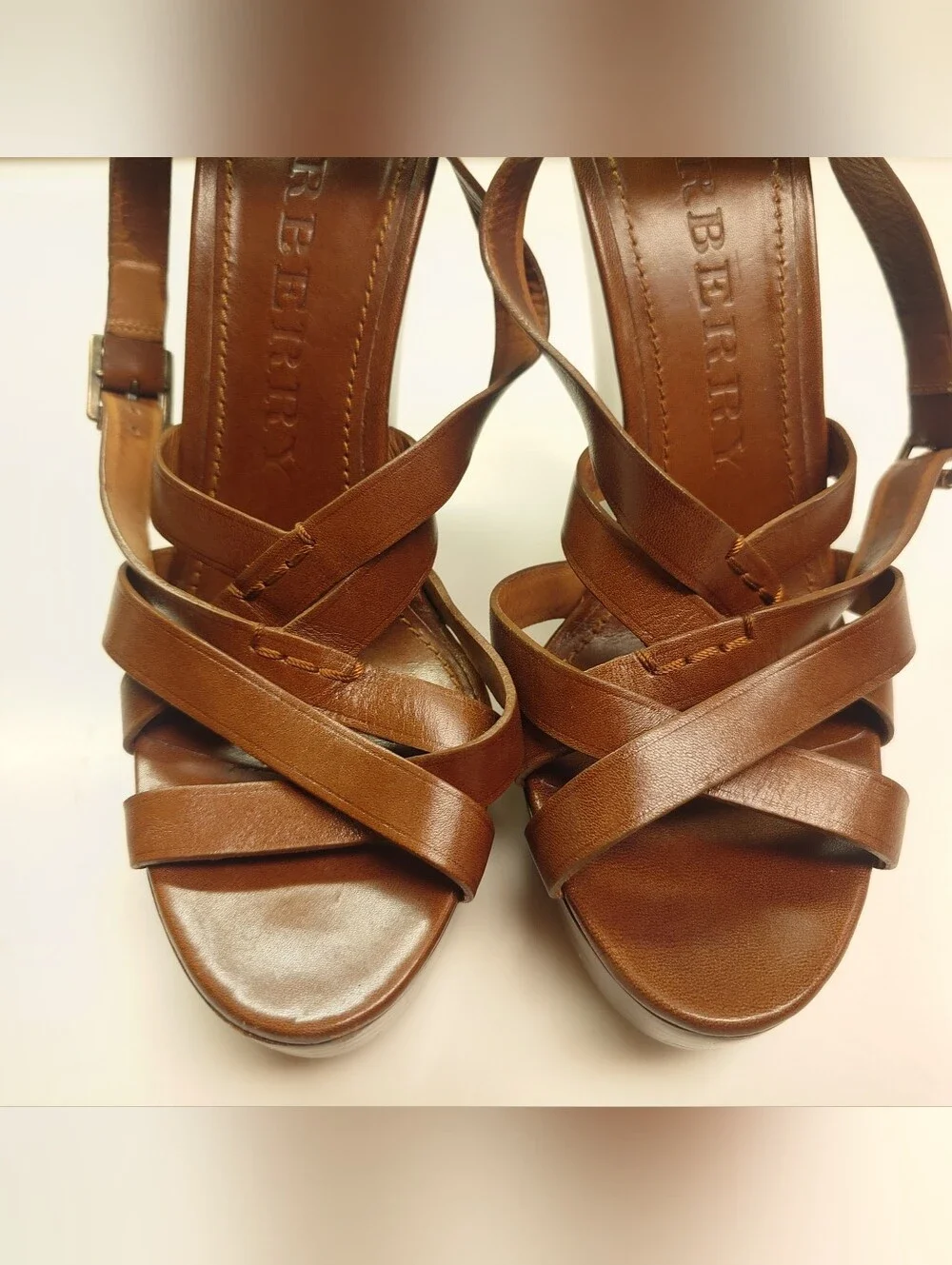 EUC Iconic Brown BURBERRY Delamer Leather Platform Wedge Sandal 39 Runway Heels